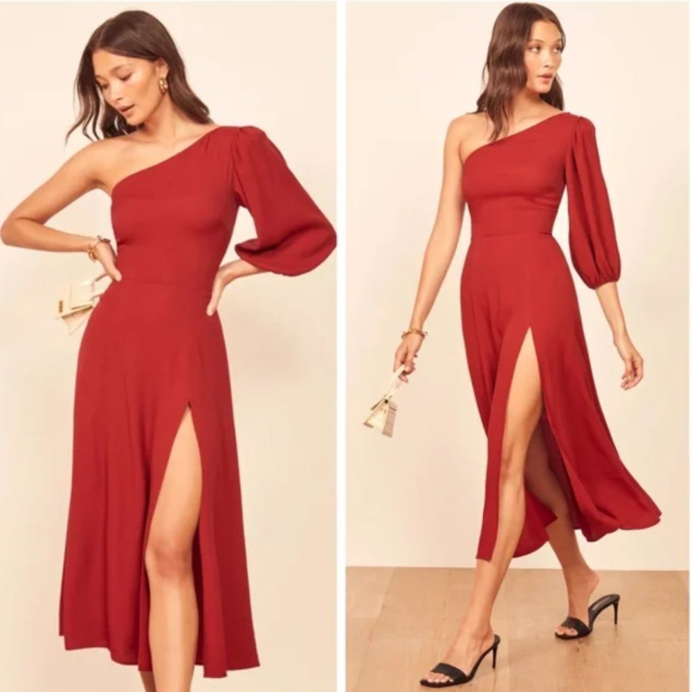 NWT Reformation Lawrence One Shoulder Crimson Red Puff Sleeve Midi Dress Size 8